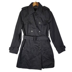 Banana Republic Trench Coat Women's S Black Double Breasted Belted Cotton